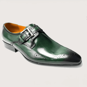 Homme Frosinone – Burnished Brogue Monk Strap in Green Calfskin Leather