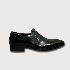 Homme Crotone – Black Pointed Toe Loafers with Crocodile Pattern